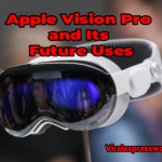 A sleek, futuristic headset known as the "Apple Vision Pro" is showcased, featuring a comfortable headband, clear lenses, and a streamlined design.